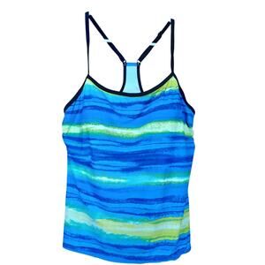 Nike Swim Women’s Racerback Tankini Top Blue Green Stripe Size 14 XL Sporty